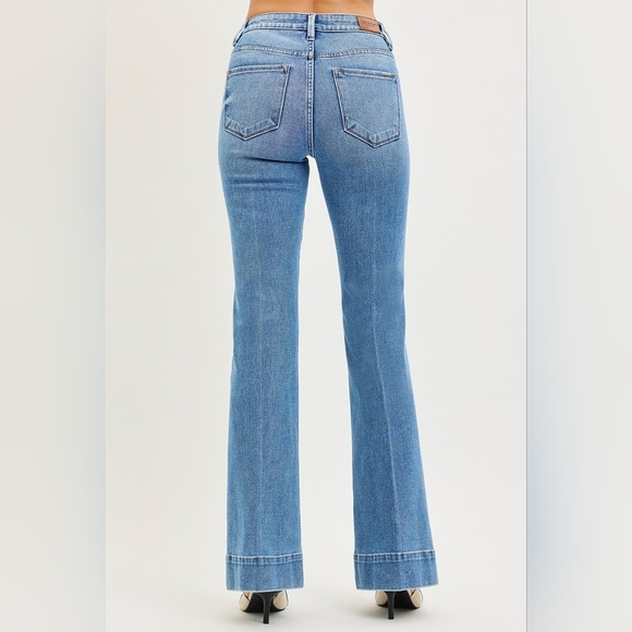 Risen Mid-Rise Waist Tummy Control Slim Retro 70s Flare Leg Jeans Denim Pants - Picture 9 of 15